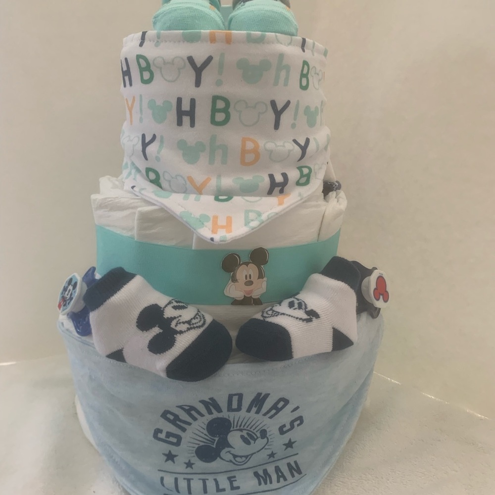 new Disney Mickey diaper cake w/ 3 handkerchiefs, 3 pacifiers & 2 pair of socks